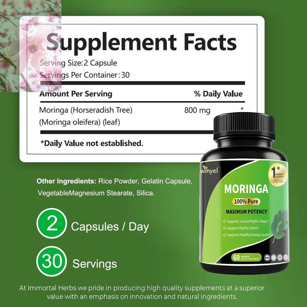 Pure Moringa Capsules - High Potency, Health & Fitness With Essential Vitamins & Amino Acids - 60 Capsules - Rooted Regenerative: Sustainable Foods for the Future